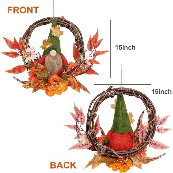 Fall Wreath with Plush Gnome, 15 Inch Artificial Grapevine Wreath with Flowers - Picture 6 of 7